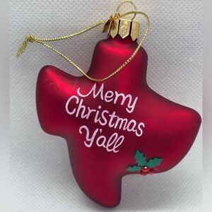 Vintage Glass Ornament Texas Shape Merry Christmas Y’all Red HTF Cherry Designs